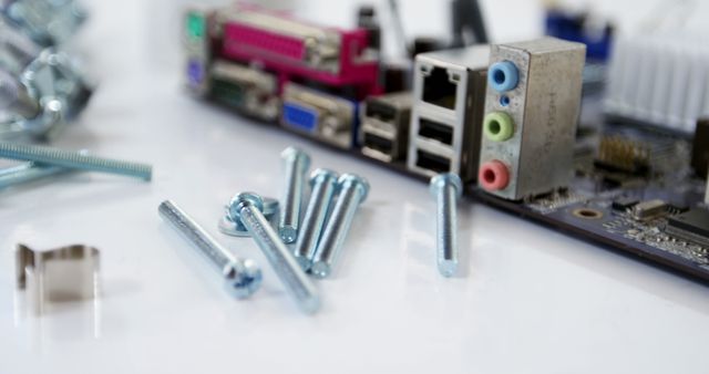 Computer screws are in focus in the foreground, with a motherboard and other hardware components blurred in the background. It's a typical setup for someone working on building or repairing a computer system.