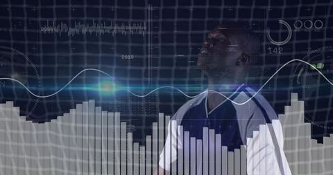 Futuristic Athlete Gazing at Digital Visualizations in Tech Lab