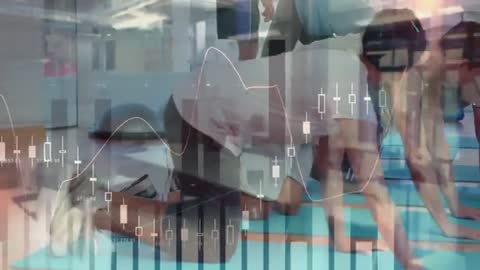 Fitness Enthusiasts in Plank Pose with Financial Chart Overlay