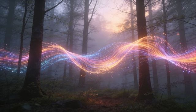 Glowing multicolor light ribbon weaving through misty woodland at dawn