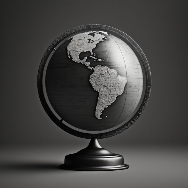 A black and white globe on a dark background, with copy space. It symbolizes global connectivity and the importance of geography in education.