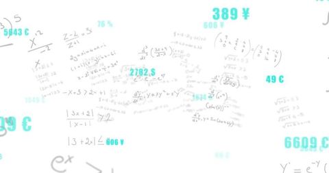 Handwritten math equations clustering with cyan currency labels on clean white background