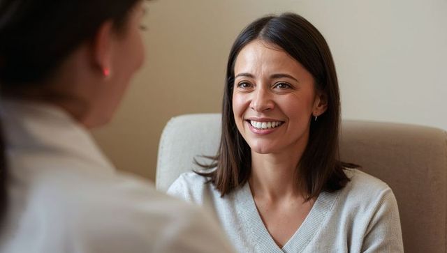 Smiling woman during warm consultation, engaging in friendly one-on-one conversation