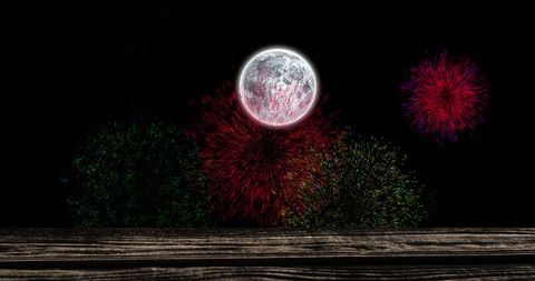 A marvelous scene where vibrant fireworks burst around a bright full moon against a dark night sky. This festive display embodies celebration and festivity, perfect for Christmas or New Year's themes. Ideal for use in seasonal advertising, party invitations, or decorative backgrounds for holiday-themed websites.