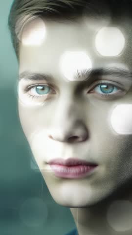 Vertical video showing teen male portrait with glitch bokeh overlay, futuristic minimal vibe