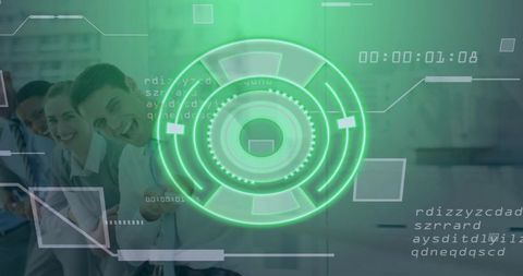 Smiling Professionals with Futuristic Digital HUD and Code Graphics in Office