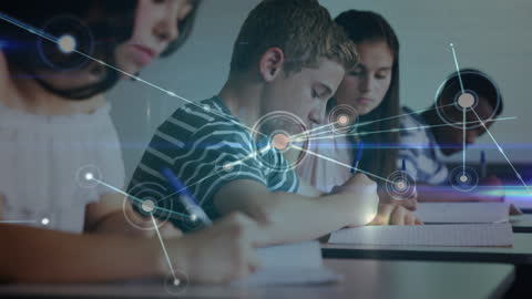 Students Studying in Classroom with Technological Elements