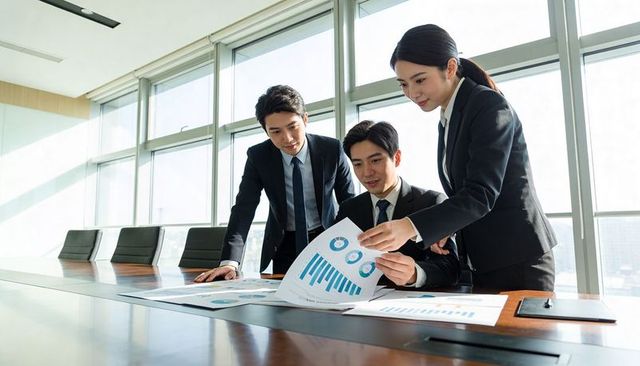 Reviewing financial charts in modern boardroom with executive team collaborating on strategy