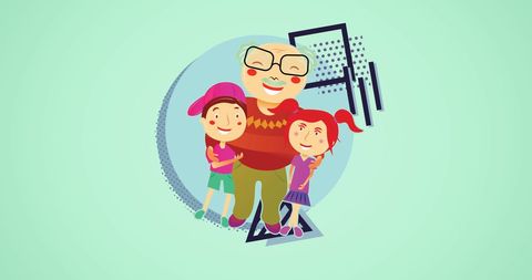 Cheerful Family Illustration: Grandfather with Two Young Girls
