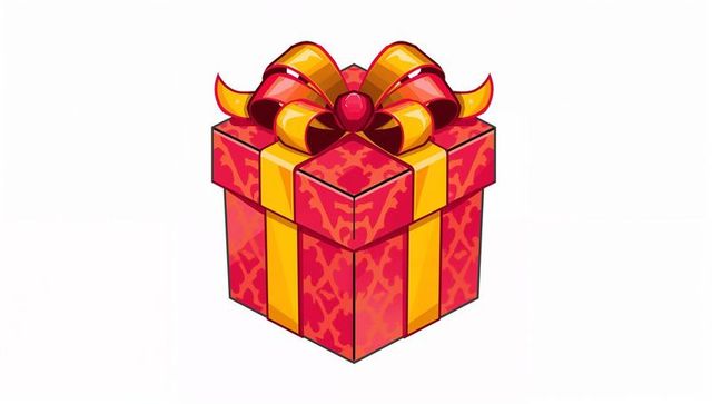 Decorative red gift box with gold ribbon and bow, patterned present for holidays