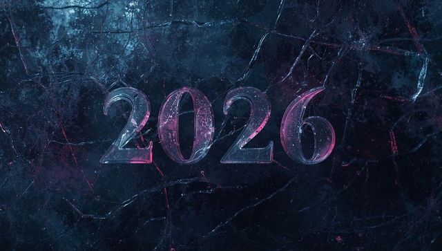 Glowing 2026 numerals emitting neon rim light over cracked glass surface, futuristic