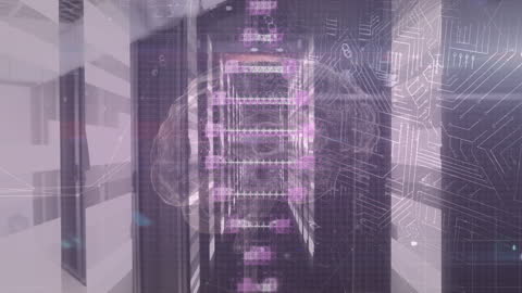 Animated DNA and Brain Overlay on Circuit Board for Cybersecurity Concept