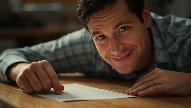 Smiling man leaning and pointing to document on wooden desk, warm cozy office moment