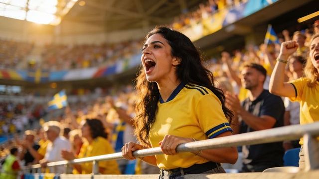 Female football fan cheering passionately in yellow jersey at sunlit stadium crowd