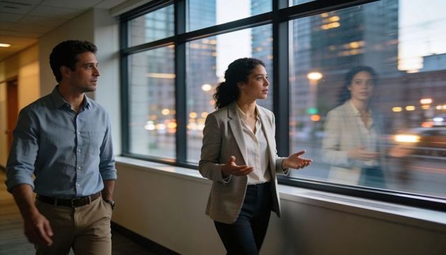 Business colleagues walking and discussing by floor-to-ceiling office windows at dusk