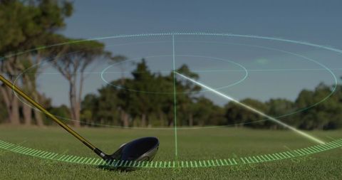 Golf driver on tee with augmented reality hud projecting launch trajectory and ball flight