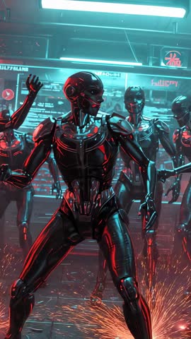 Vertical Video Sparks Erupting While Lead Android Raising Arm in Futuristic Hangar Bay