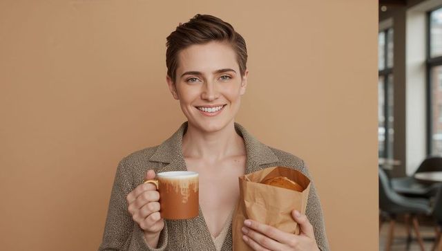 Smiling woman holding frothy latte mug and fresh croissant in cafe wearing taupe blazer