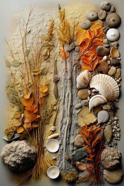 This intricate nature collage features a harmonious blend of dried leaves, seashells, and stones. The arrangement showcases varying textures and earth tones, giving a rustic and organic aesthetic. Ideal for use in interior design inspirations, nature-themed decorative pieces, or craft project ideas. It can also serve as a background for nature-related presentations, blogs, or social media posts.
