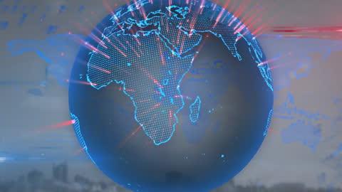 Digital Globe with World Map Overlay on Cityscape