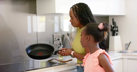 Mother and daughter cooking together on modern glass-top stove holding nonstick pan and child bondin