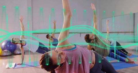 Group Practicing Side Plank with Augmented Reality Waveform Showing Movement Flow