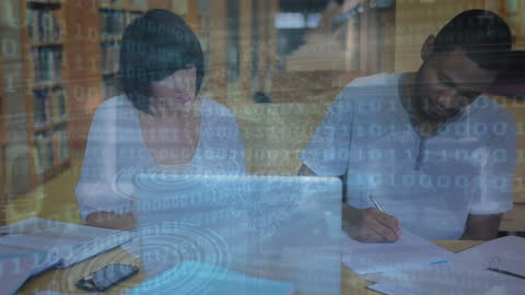 Data Overlay of Business Team Analyzing Financial Reports