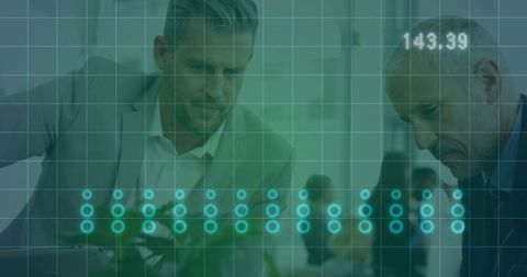 Businessmen Strategizing with Digital Overlay in Office