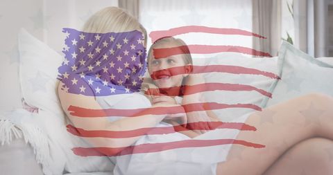 Mother and Daughter with USA Flag Overlay Celebrating Patriotism