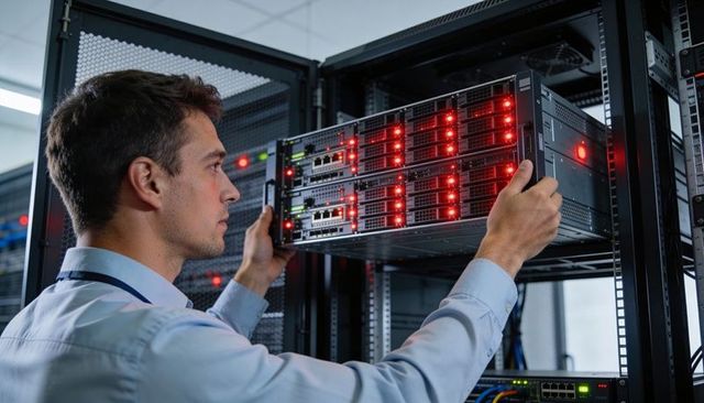 It technician sliding server chassis into rack in data center with red status leds