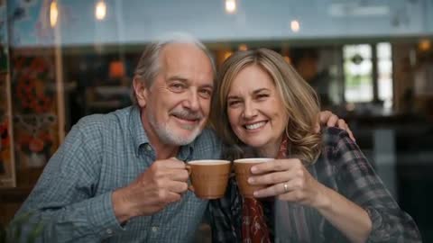 Senior couple raising coffee mugs and toasting through cafe window, smiling at camera