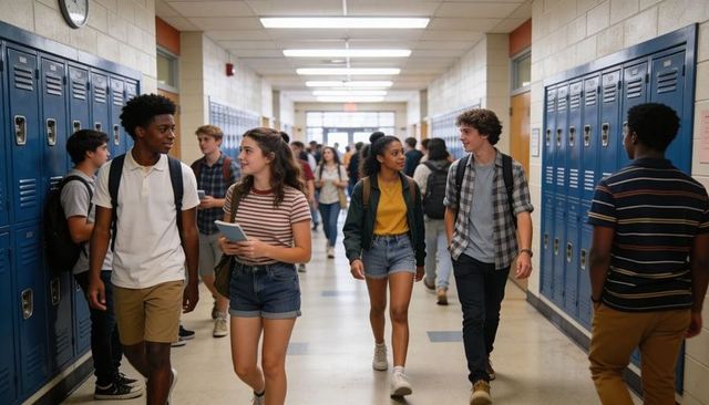 High school students walking and chatting in busy locker-lined hallway carrying backpacks