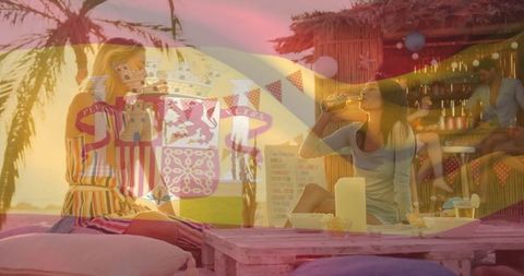 Friends Relaxing at Beachside Bar with Sunset Cocktails