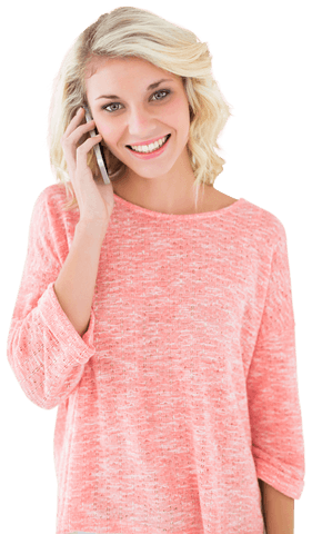 Smiling Blonde Woman on Smartphone with Transparent Background