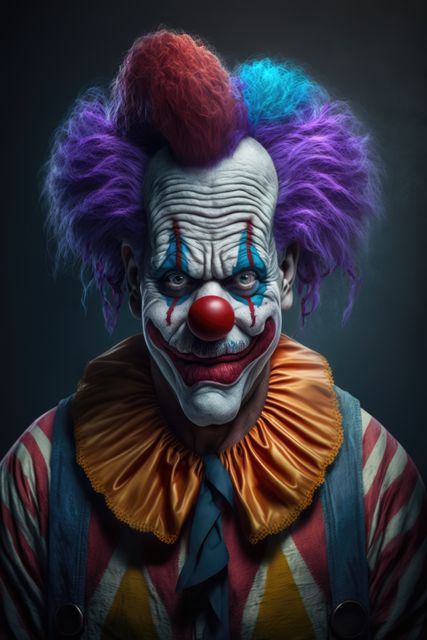Close-up of a creepy clown with bright purple and blue hair, wearing colorful circus costume under dramatic lighting. Perfect for Halloween promotions, horror themes, costume ideas, movies and entertainment, scary decorations.