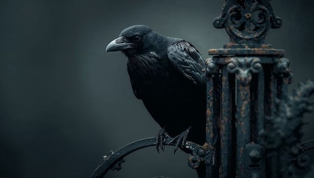 Glossy black raven perched on an antique iron fence