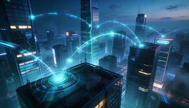 Futuristic urban network connecting glowing rooftop hubs with neon data arcs at night