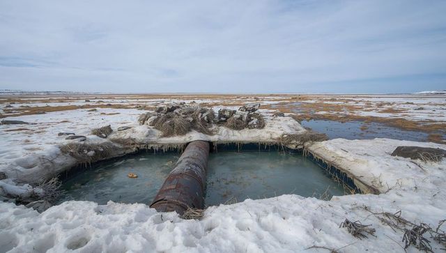 Rusted pipe in snowy marshland with pooled water