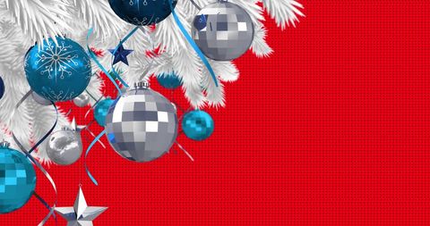 Festive Christmas Baubles on Red Background with Snow - Download Free Stock Images Pikwizard.com