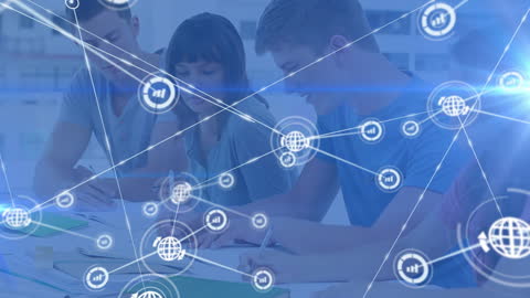 Students Collaborating with Digital Connection Overlay