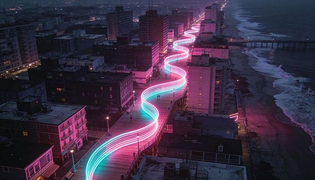 Neon ribbon winding along coastal boardwalk at night, futuristic cyberpunk promenade