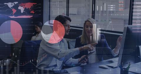 Team Analyzing Statistic Data on Computer at Busy Office