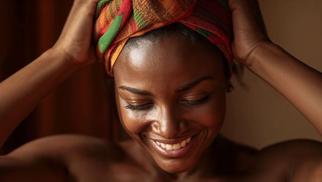 Smiling black woman adjusting vibrant head wrap closeup portrait warm glow