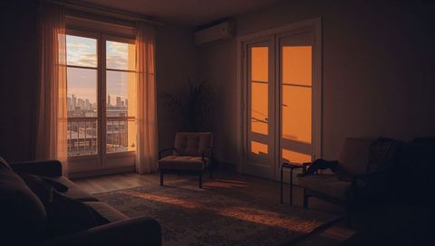 Sunset light bathing cozy living room with tufted armchair, patterned rug and city skyline