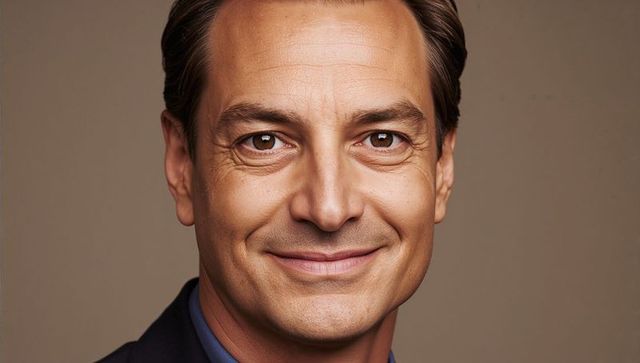 Smiling confident executive headshot wearing dark blazer and blue collared shirt, warm portrait