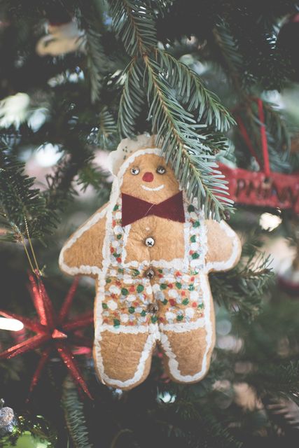 Gingerbread man ornament hanging on a green Christmas tree, adorned with decorative icing and beads. This image captures a festive and traditional holiday theme, perfect for promoting Christmas products, decorating tips, or holiday greetings. Ideal for use in blogs, social media, or holiday-themed advertisements.