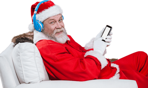 Transparent Santa Claus Relaxing with Smartphone and Headphones