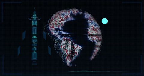 Glitching digital globe on futuristic hud with cyan schematic, data waveform and beacon