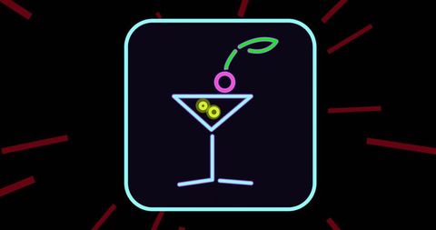 Neon cocktail icon with retro vibe on black background