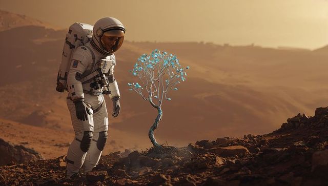 Astronaut Encounter Futuristic Tree on Alien Desert Planet